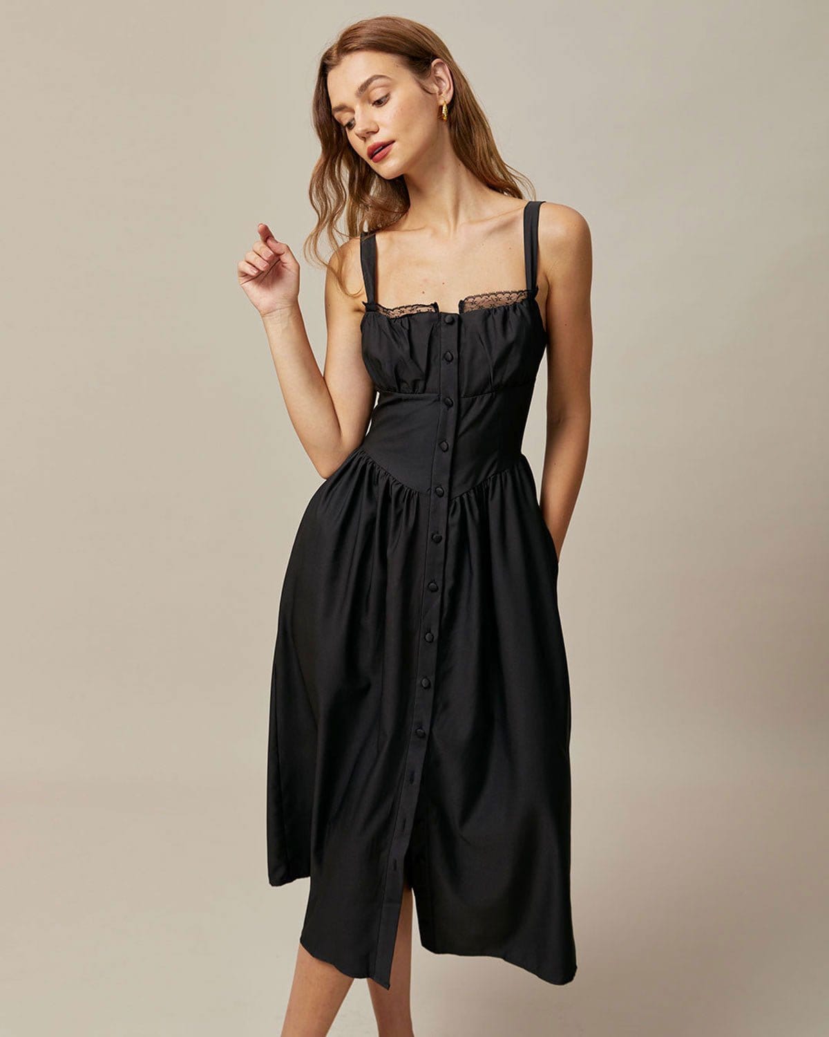 The Black Square Neck Lace Cami Midi Dress
